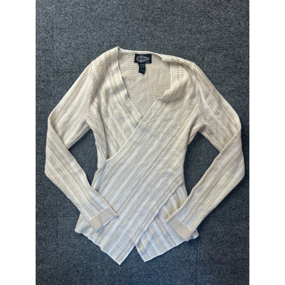 Oliver O by Escio Wrap Sweater Womens L Cream Gold Metallic Stripe Y2K V-Neck